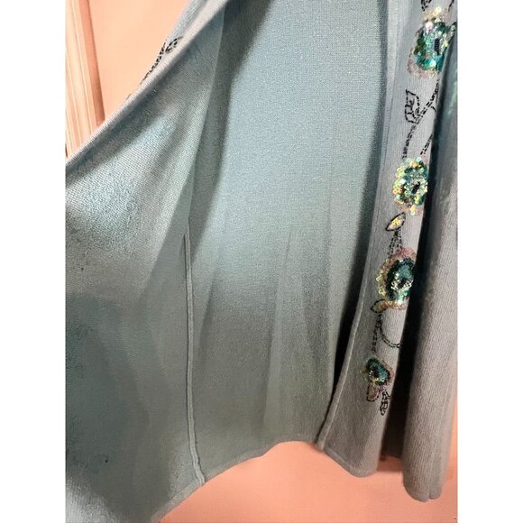 Vintage Silk Floral Sequin Cardigan 1X Blue Rabbit Hair Knit Embellished Chic - Picture 8 of 14